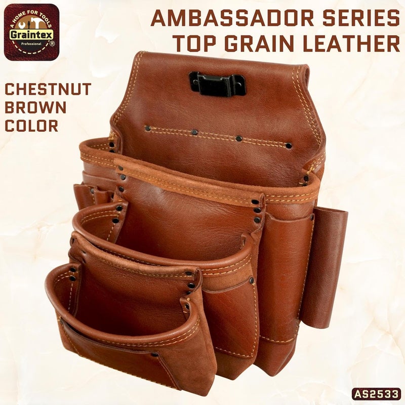 Graintex Ambassador Series 10 Pocket Framers Professional Nail & Tool Pouch Durable and Versatile Genuine Top Grain Leather for Framers, Constructors, Electricians, Plumbers, Handyman - Chestnut Brown - Image 5